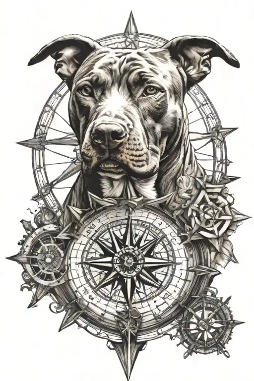 Pitbull And A Compass Rose With Intricate Details