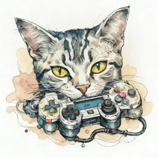 A Realistic Watercolor Portrait Of A Cat Playing A Video Game Controller