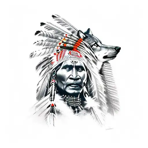 Native Indian Cheif With Wolves And Forest