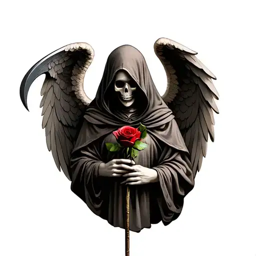 Angel Of Death Wearing A Hood But Holding A Rose Rather Than A Scythe