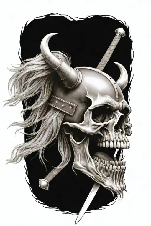 Viking Skull With Long Hair Holdiing A Sword