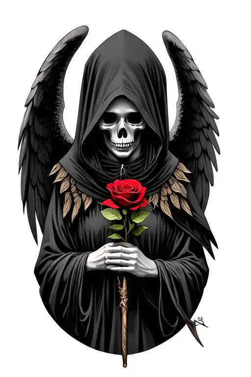 Angel Of Death Wearing A Hood But Holding A Rose Rather Than A Scythe