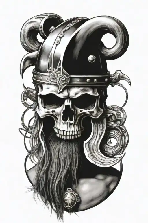 Viking Skull With Long Hair Holdiing A Sword