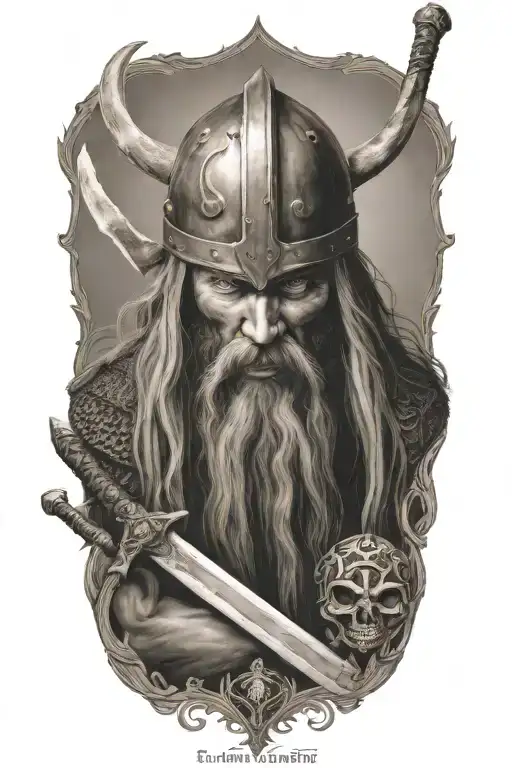 Viking With A Skull With Long Hair Holdiing A Sword