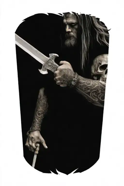 Viking With Long Hair Holdiing A Sword Surround By Skulls