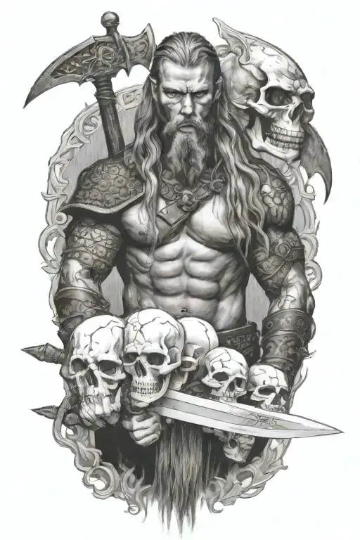 Viking With Long Hair Holdiing A Sword Surround By Skulls