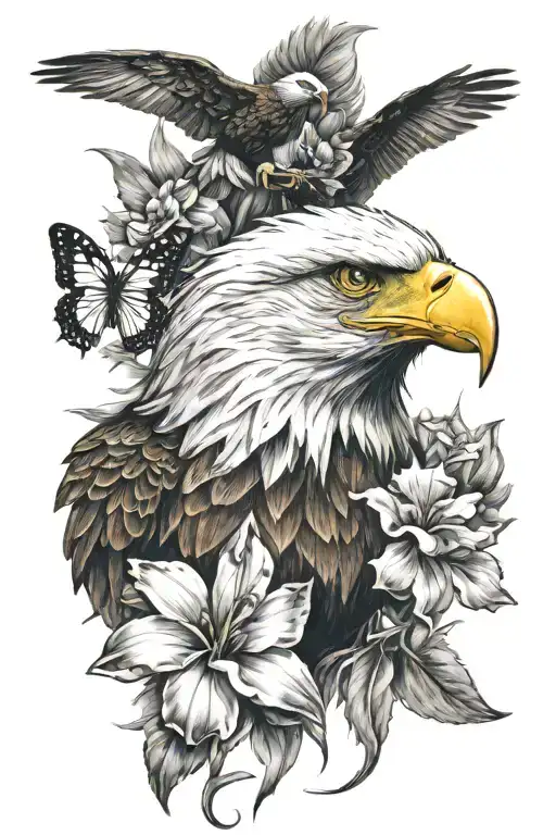 Eagle Face And Lys Flower And Butterfly Resting