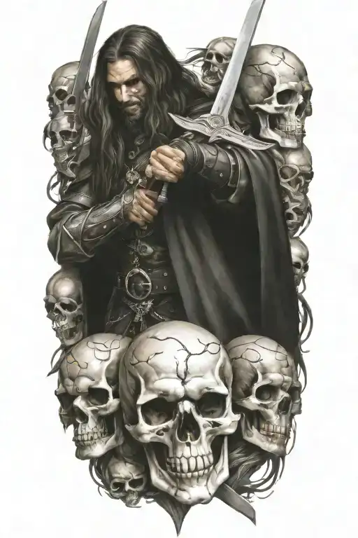 Midevil Knight With Long Hair Holdiing A Sword Surround By Skulls