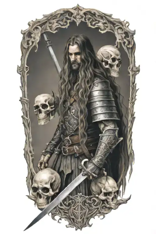 Midevil Knight With Long Hair Holdiing A Sword Surround By Skulls