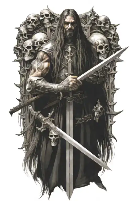 Midevil Knight With Long Hair Holdiing A Sword Surround By Skulls