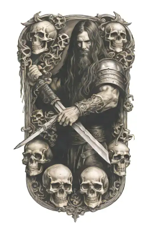 Midevil Knight With Long Hair Holdiing A Sword Surround By Skulls