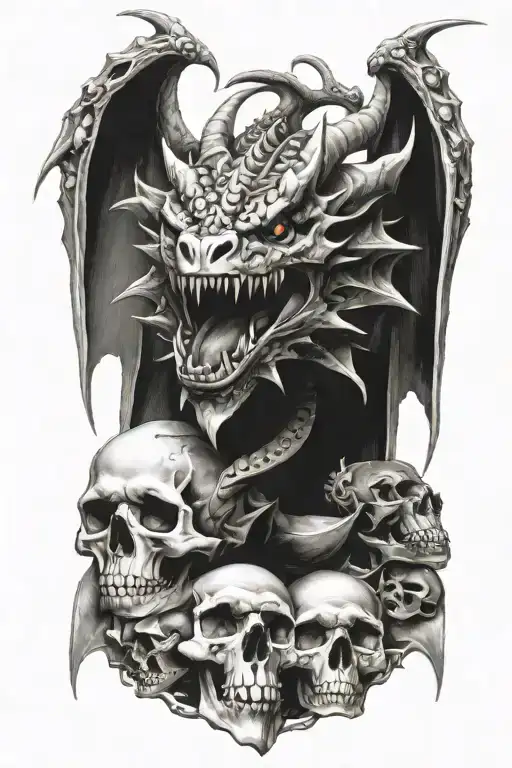 Midevil Dragon Surround By Skulls