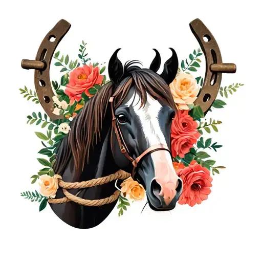 The Horse With Like Rope Flowers In The Background With Horseshoes