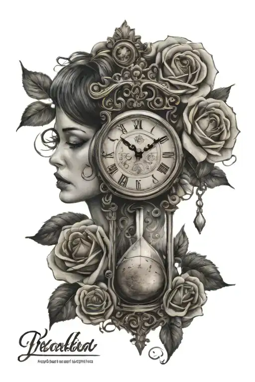 Clock And Roses And Hourglass With Womans Face One Eye
