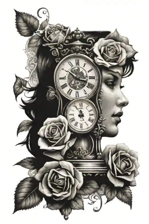 Clock And Roses And Hourglass With Womans Face Profile Holding