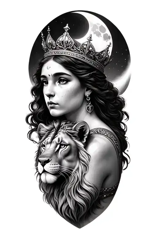 Black & Grey Realism Leto Greek Goddess Of Motherhood Wearing Crown With Moon And Lion