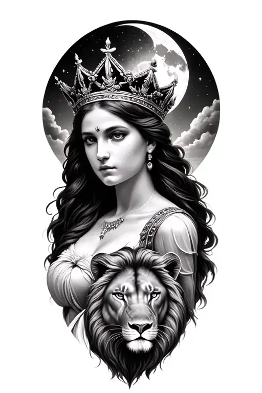 Black & Grey Realism Leto Greek Goddess Of Motherhood Wearing Crown With Moon And Lion