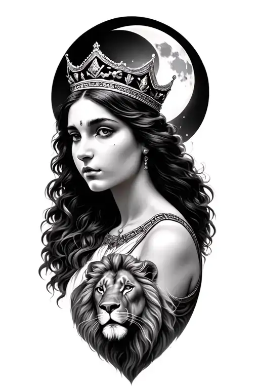 Black & Grey Realism Leto Greek Goddess Of Motherhood Wearing Crown With Moon And Lion
