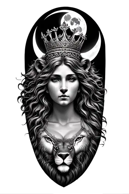 Black & Grey Leto Greek Goddess Of Motherhood Wearing Crown With Lion And Moon