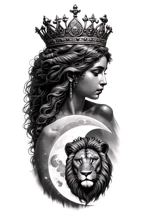 Black & Grey Leto Greek Goddess Of Motherhood Wearing Crown With A Lion And The Moon