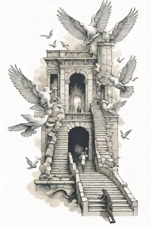 Stairway To Heaven With Doves With 4 People Walking Up The Stairs
