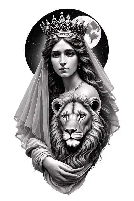Black & Grey Realism Greek Goddess Of Motherhood Wearing A Veil Crown With A Lion And The Moon