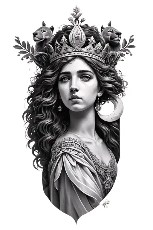 Black & Grey Realism Greek Goddess Of Motherhood And Beauty Wearing A Crown With A Lion And The Moon