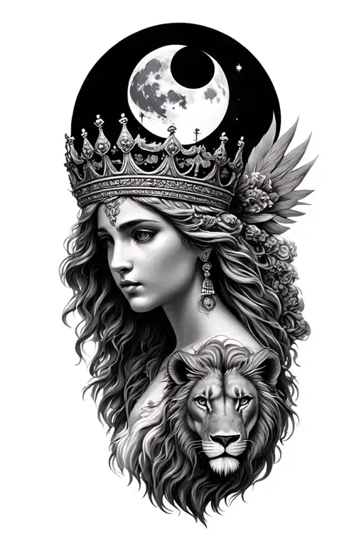 Black & Grey Realism Greek Goddess Of Motherhood And Beauty Wearing A Crown With A Lion And The Moon