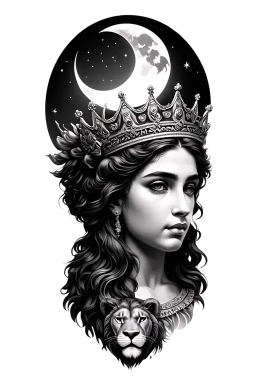 Black & Grey Realism Greek Goddess Of Motherhood And Beauty Wearing A Crown With A Lion And The Moon