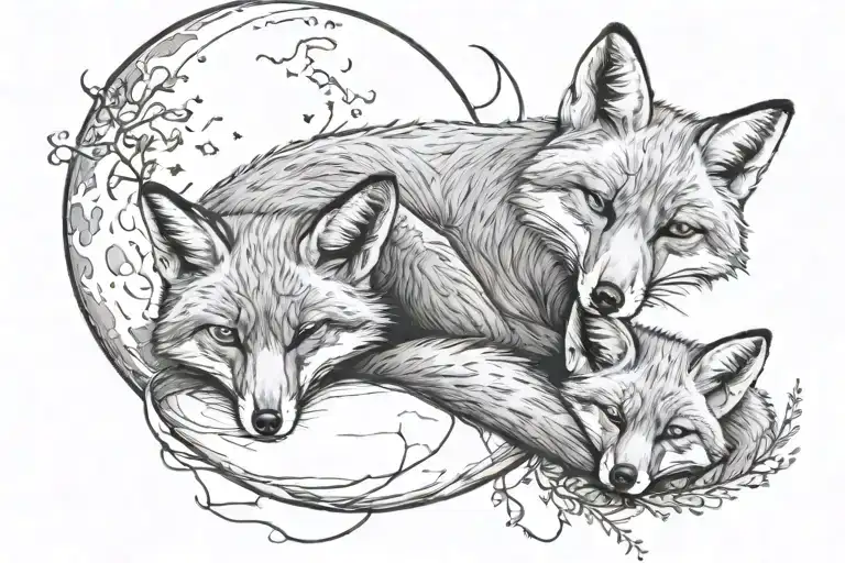 Mama Fox Cuddling With Babies Sleeping Under The Moon