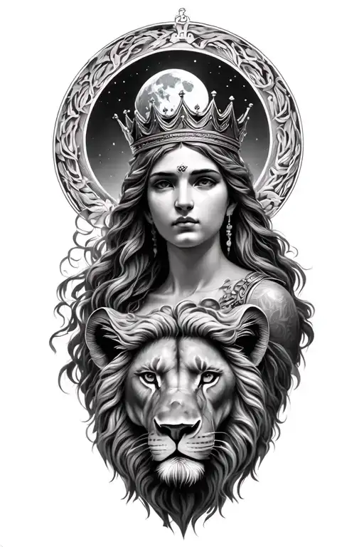 Black & Grey Realism Greek Goddess Rhea Wearing Crown With Lion And Moon
