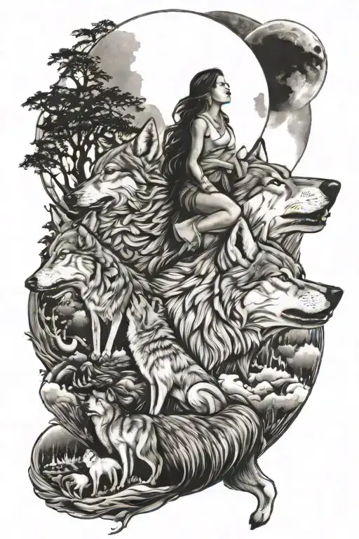 Women And Wolf Howling At The Moon
