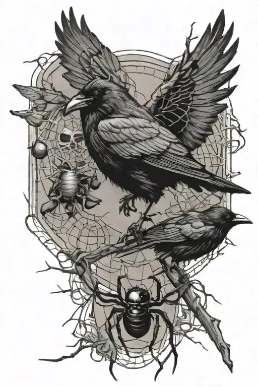 Raven With Black Widow Spider On Web