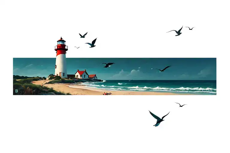 Lighthouse On The Beach With Birds In The Air