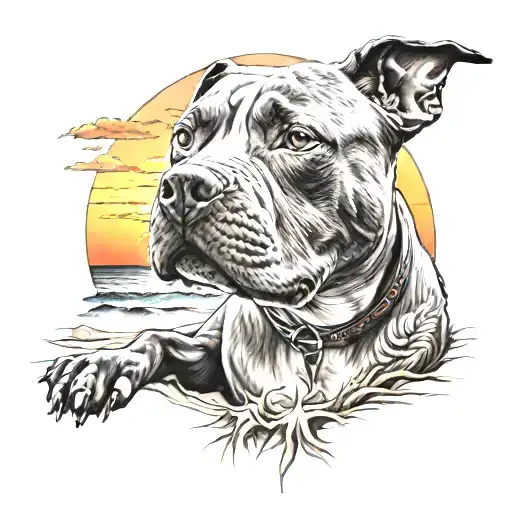 Pit-bull On The Beach With His Human In The Sunset