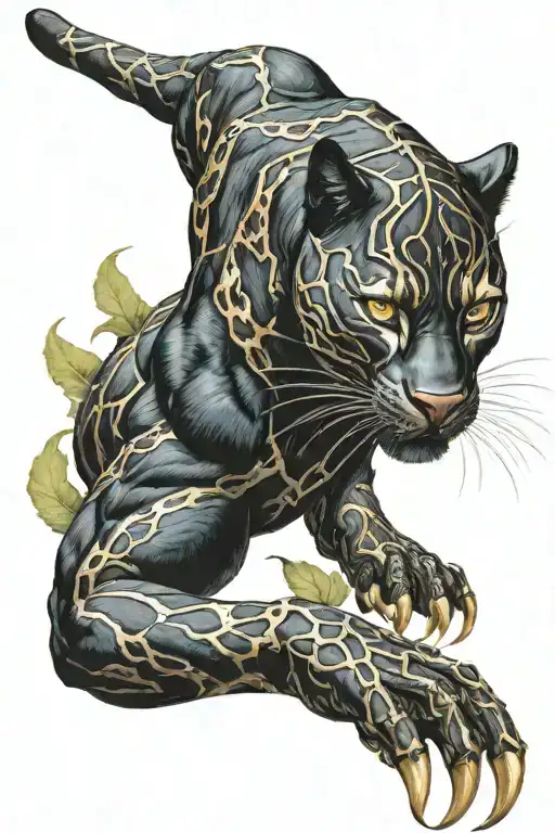 Full Body Black Panther Which Legs And Body Are Visible With Colored Eyes Killing A Snake Coming