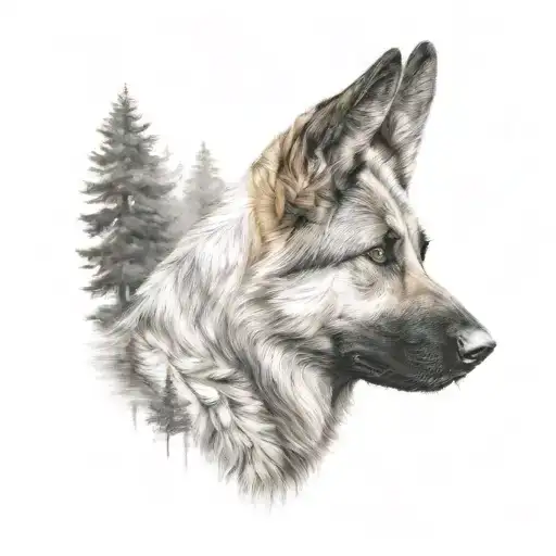 A Realistic Portrait Of Your Short Hair German Shepherd Dog With A Forest Background