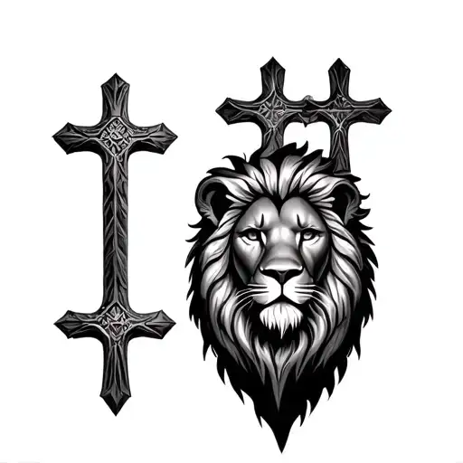 Lion With Three Crosses Under It Black And White