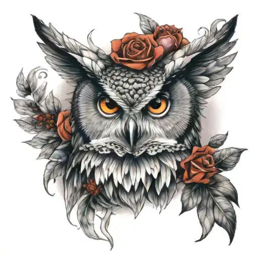 A Owl In Color With Red Rose God Angel For Front Neck Of Men