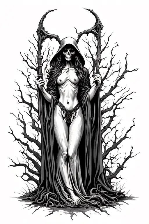 Topless Female Grim Reaper Standing Tall Amidst