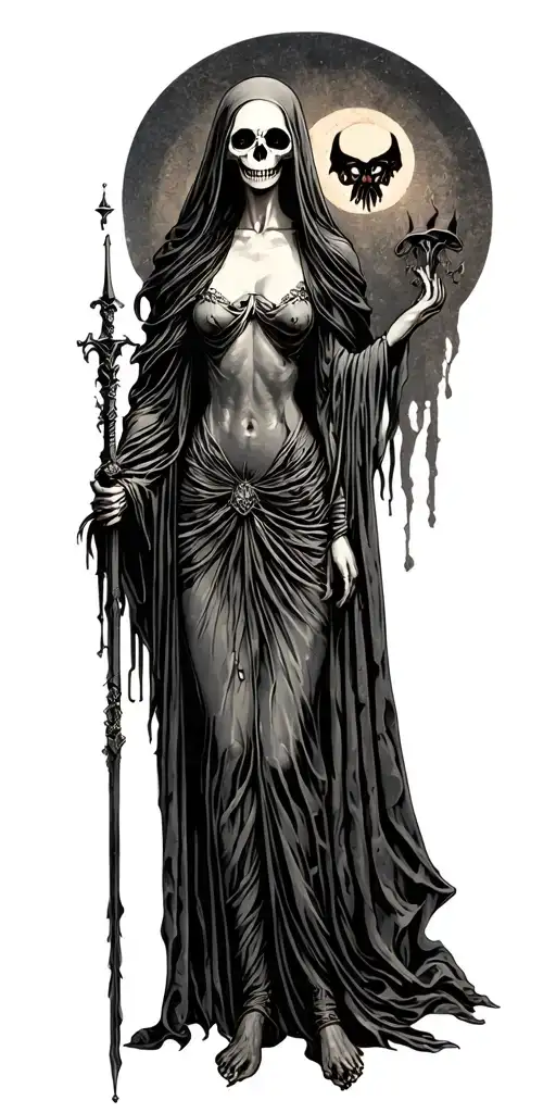 Topless Female Grim Reaper Full Body Standing Guard