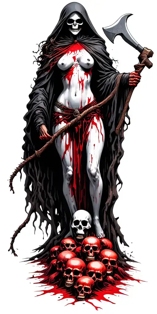 Topless Female Grim Reaper Standing On A Pile Of Bloody Skulls In The Woods Holding A Tomahawk