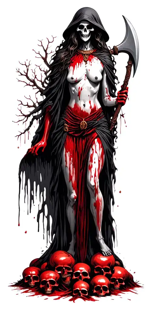 Topless Female Grim Reaper Standing On A Pile Of Bloody Skulls In The Woods Holding A Tomahawk