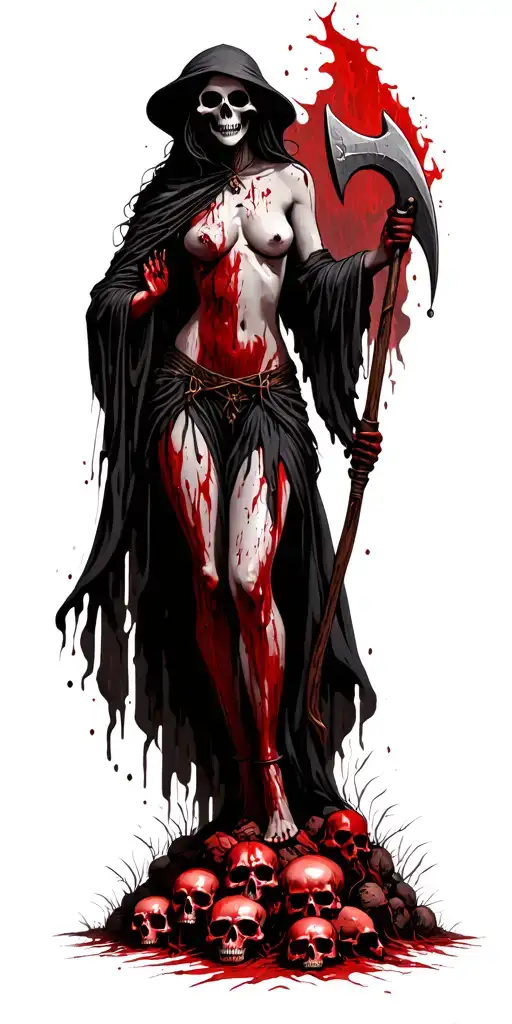 Topless Female Grim Reaper Standing On A Pile Of Bloody Skulls In The Woods Holding A Tomahawk