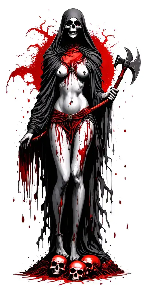 Topless Female Grim Reaper Standing On A Pile Of Bloody Skulls In The Woods Holding A Tomahawk
