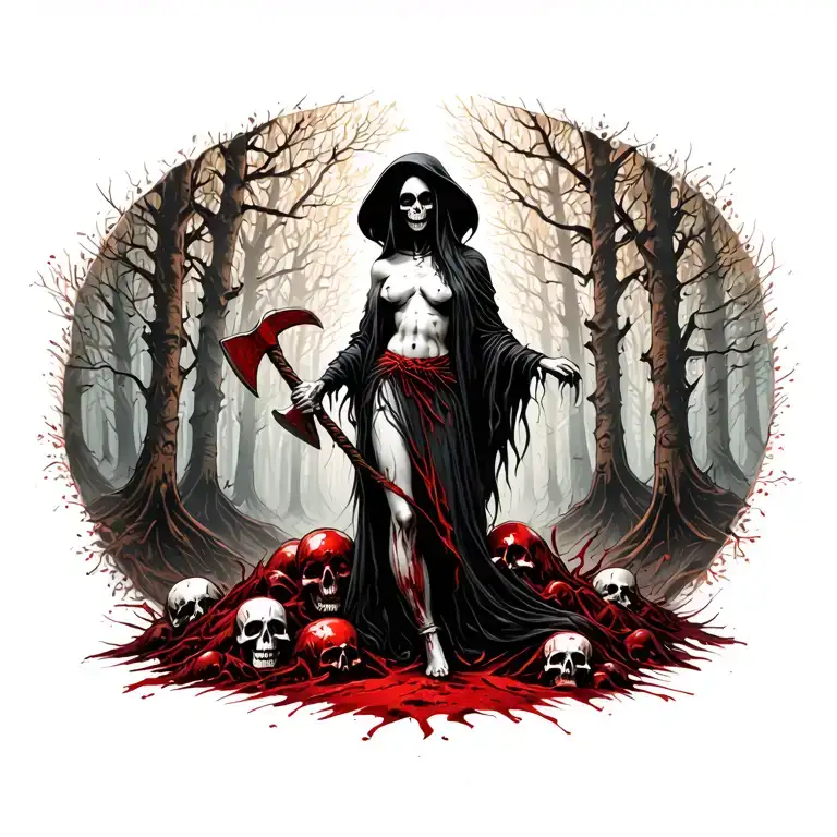 Topless Female Grim Reaper Standing On A Pile Of Bloody Skulls In The Woods Holding A Tomahawk