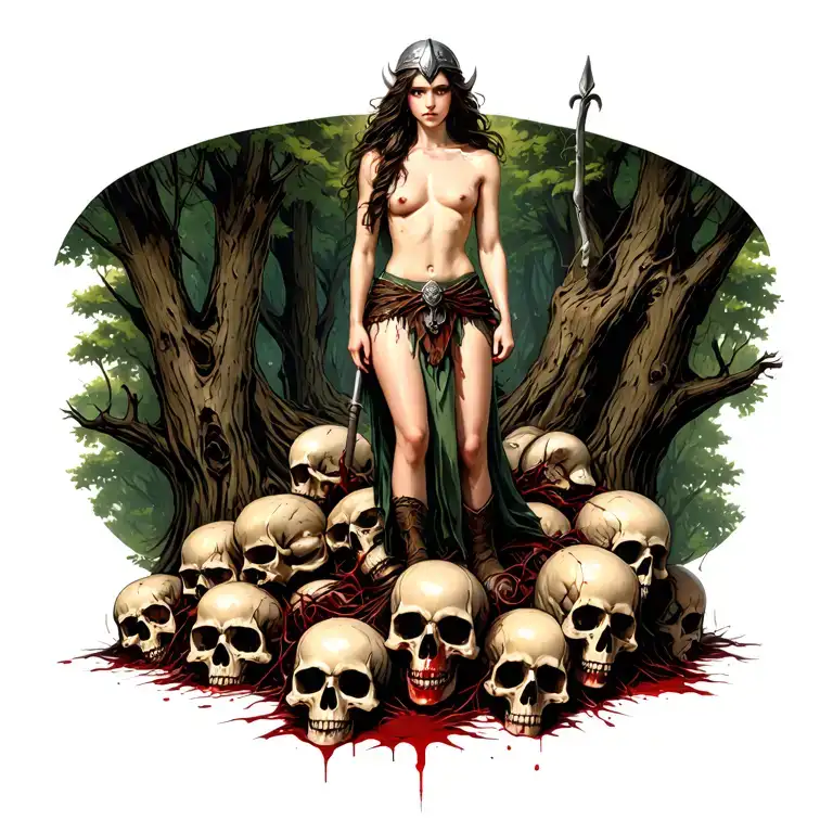 Topless Female Viking Standing On A Pile Of Bloody Skulls In The Woods