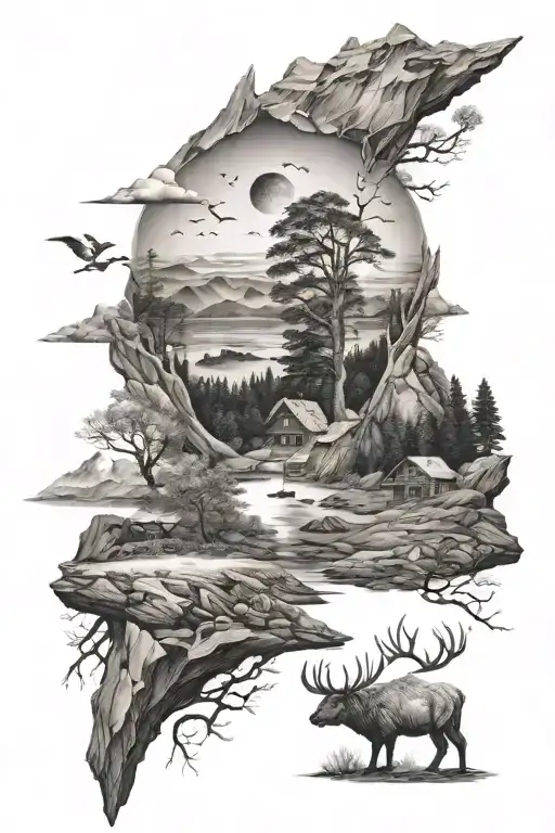 Nordic Landscape And Animal In Black And Grey