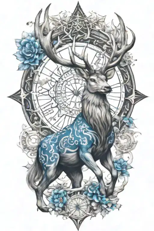 Crossover Stag With Kirin Blue Dragon Whit Dharma Wheel In Nature With 26 Little Stars