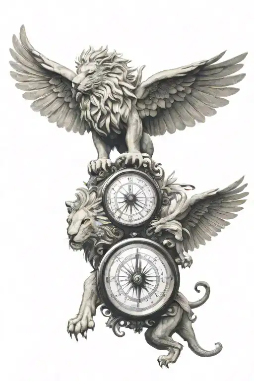 Welsh Draggon And St Marks Winged Lion Facing Each Other Holding A Compass
